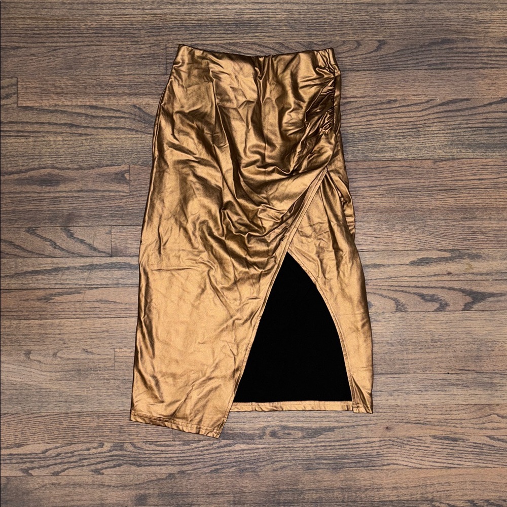 SHEIN Gold Midi Skirt with Ruched Detail